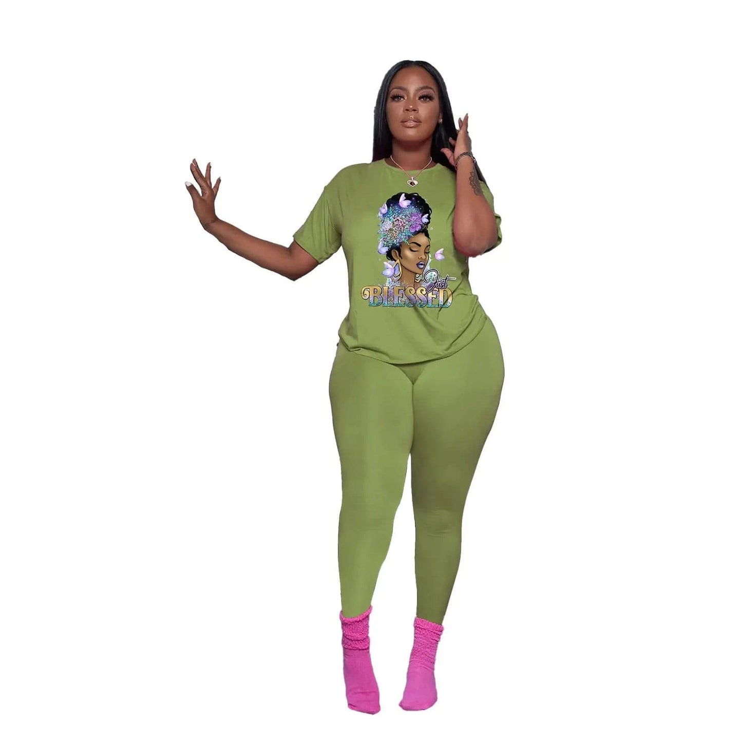Plus Size Summer African Black Girl Melanin Womans Clothing Leggings Active Wear Joggers 2 Piece Two Piece Pants Set For Ladies