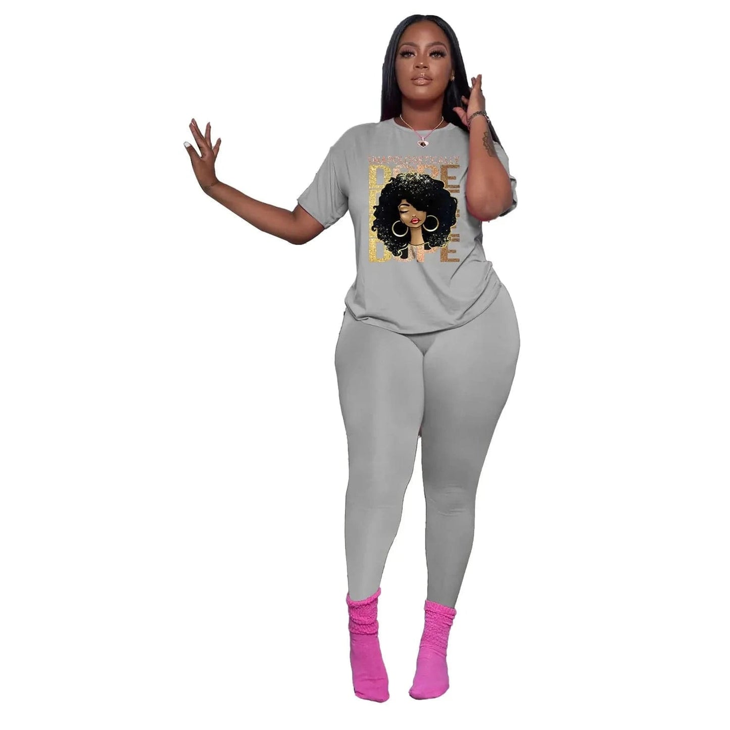 Plus Size Summer African Black Girl Melanin Womans Clothing Leggings Active Wear Joggers 2 Piece Two Piece Pants Set For Ladies