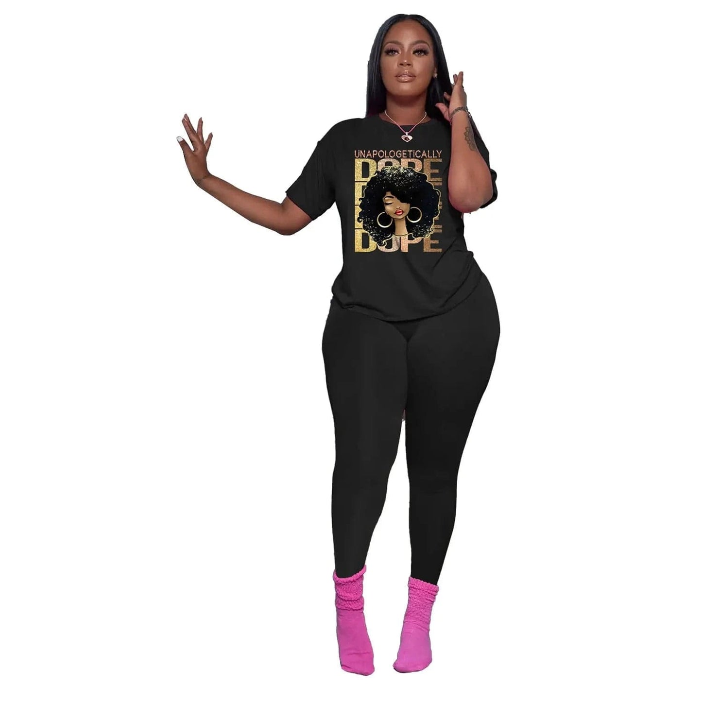 Plus Size Summer African Black Girl Melanin Womans Clothing Leggings Active Wear Joggers 2 Piece Two Piece Pants Set For Ladies