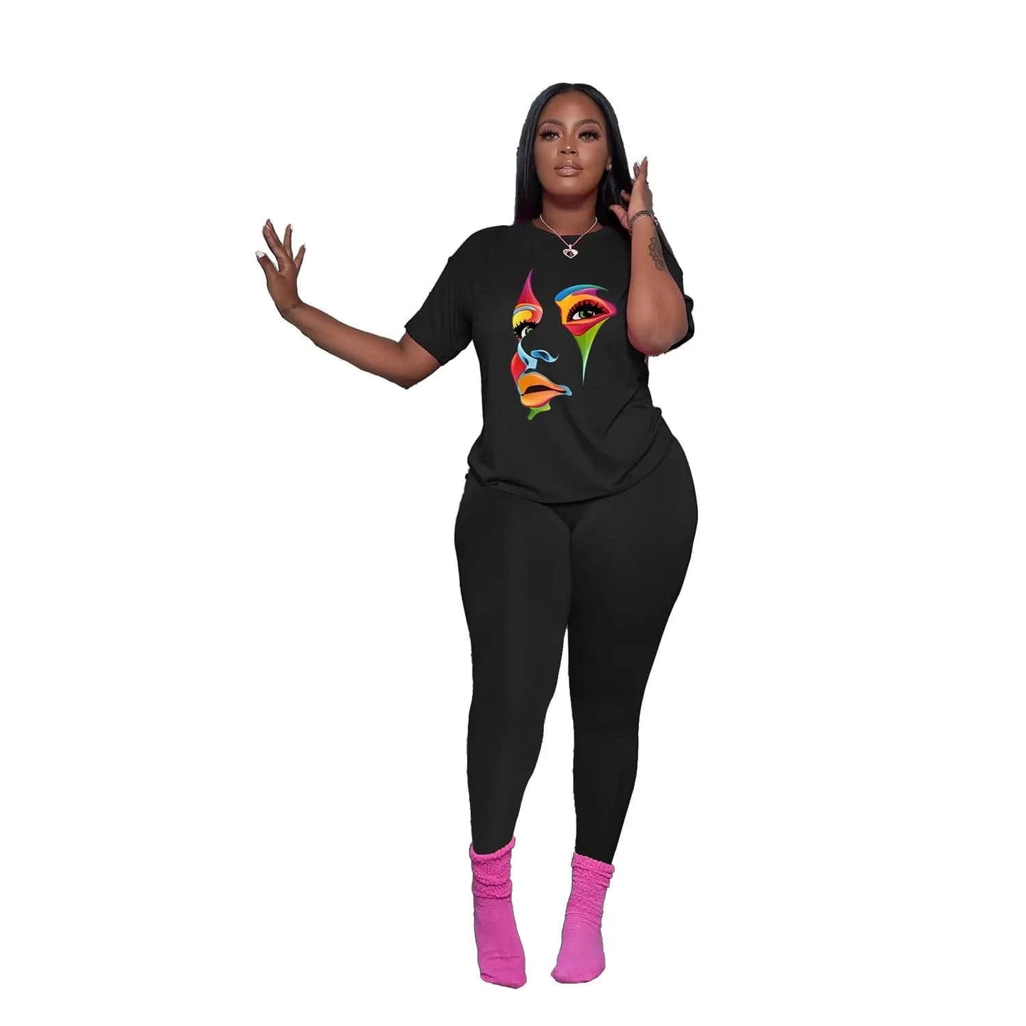 Plus Size Summer African Black Girl Melanin Womans Clothing Leggings Active Wear Joggers 2 Piece Two Piece Pants Set For Ladies
