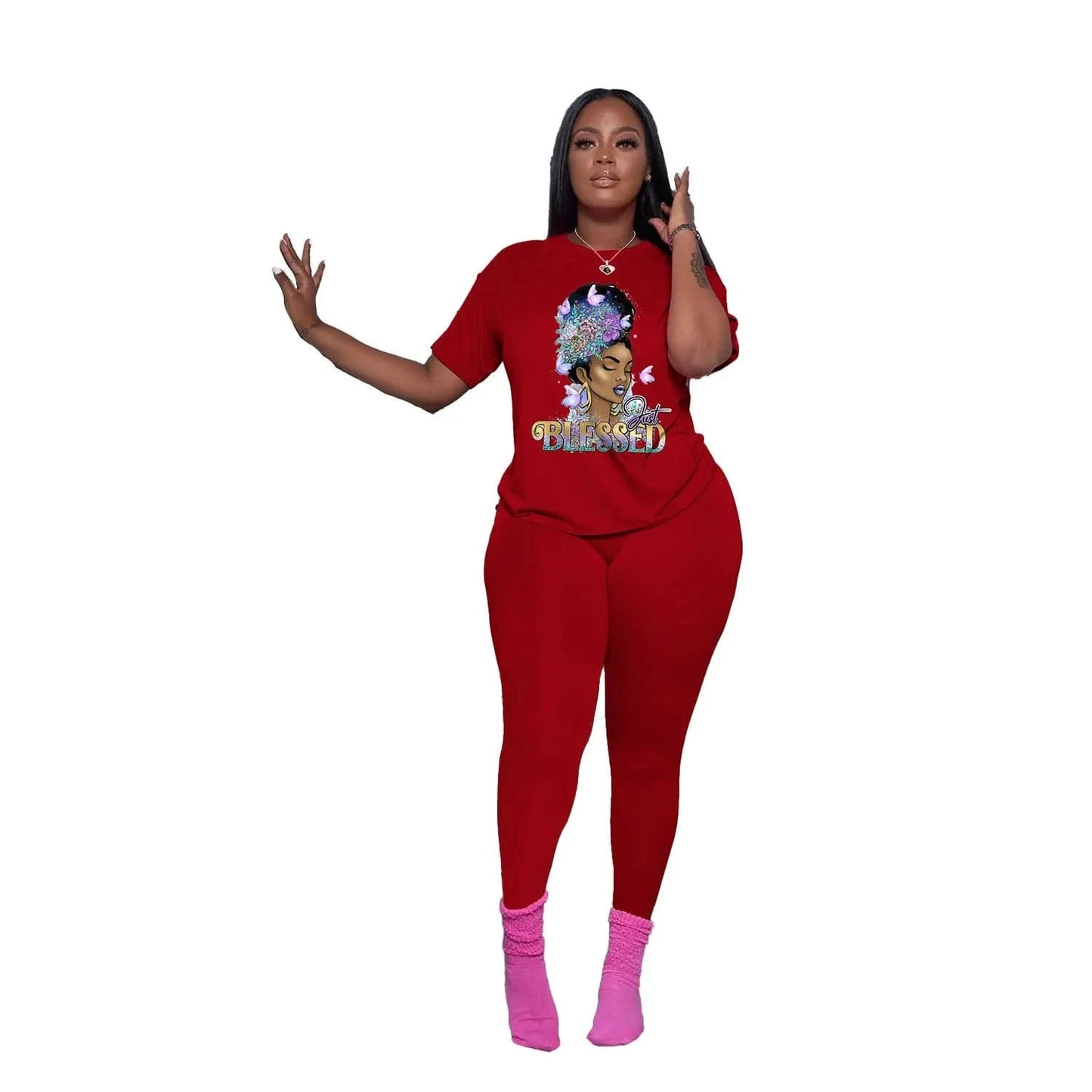 Plus Size Summer African Black Girl Melanin Womans Clothing Leggings Active Wear Joggers 2 Piece Two Piece Pants Set For Ladies