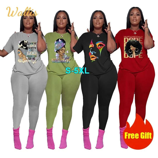 Plus Size Summer African Black Girl Melanin Womans Clothing Leggings Active Wear Joggers 2 Piece Two Piece Pants Set For Ladies