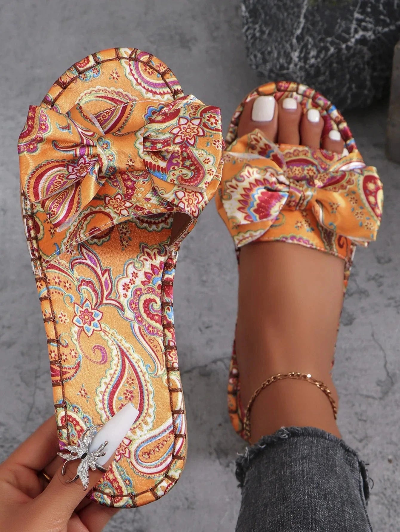 Plus-size summer fashion casual new slippers for women 2025 flat flat slippers with bow
