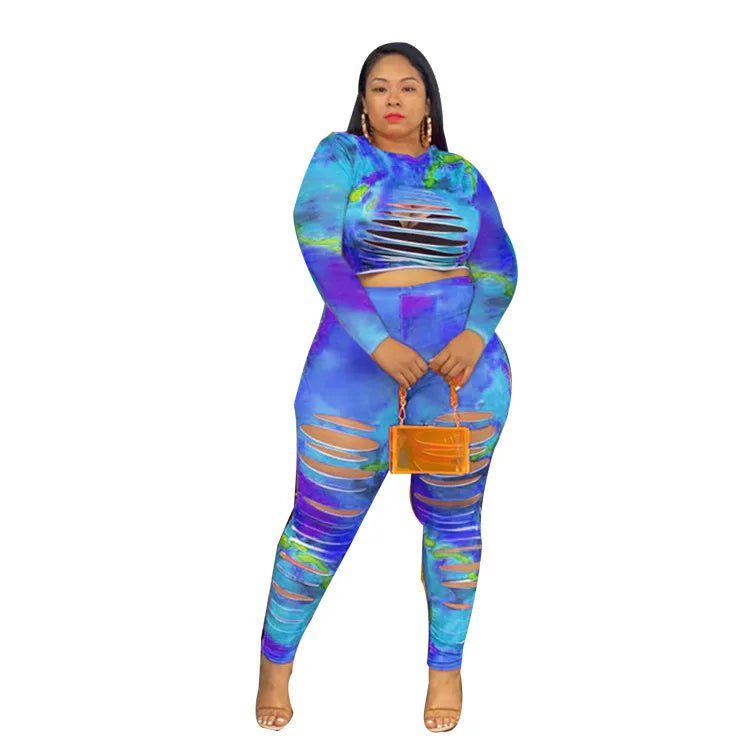 Plus Size Two - Piece Set Tie - Dye Long Sleeve Sexy Style - SN Wigs & More