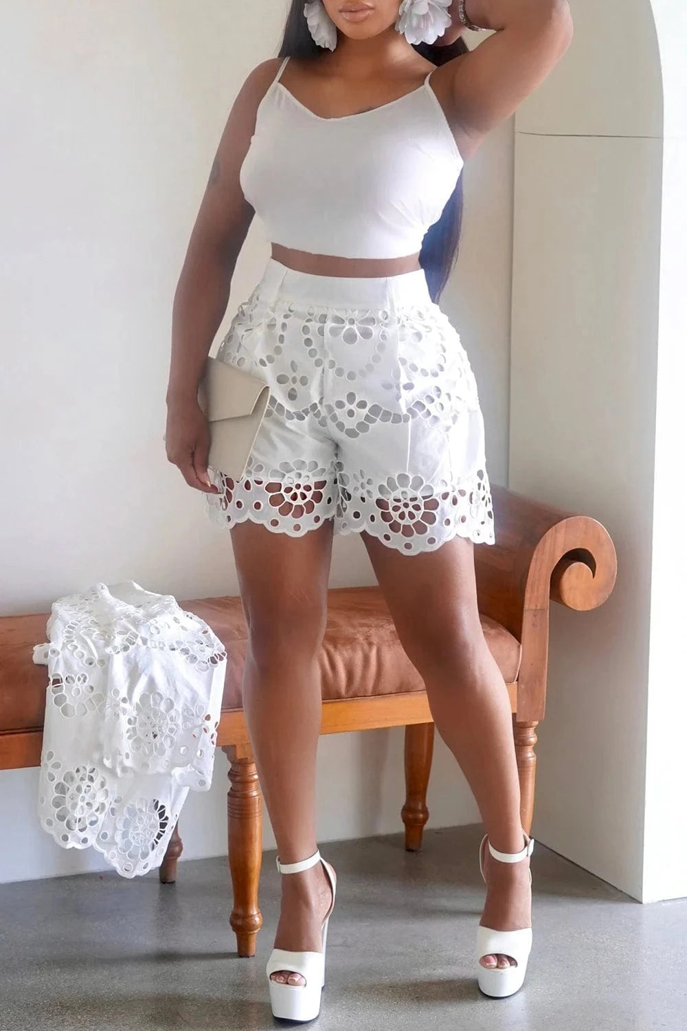 Plus Size Vacation White Shirt Collar 3/4 Sleeve Cut Out Pocket Guipure Lace Two Piece Short Sets