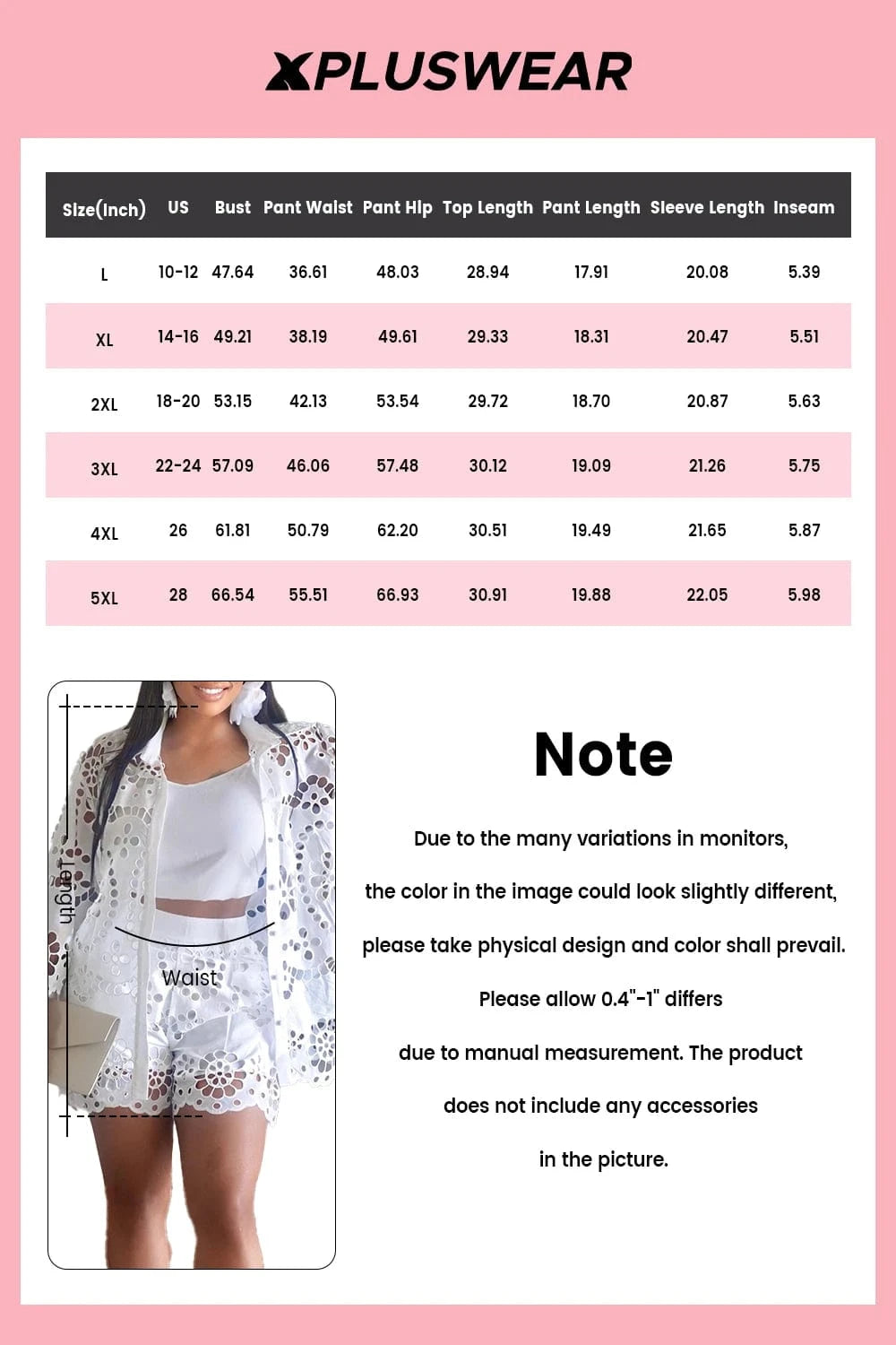 Plus Size Vacation White Shirt Collar 3/4 Sleeve Cut Out Pocket Guipure Lace Two Piece Short Sets
