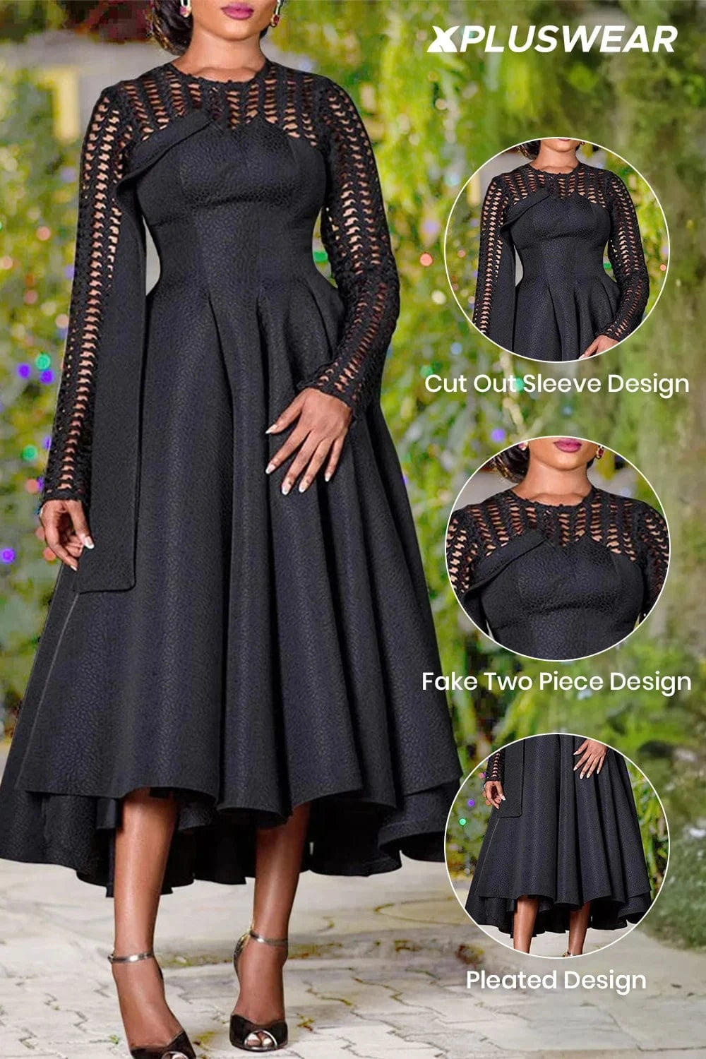 Plus Size Valentines Black Round Neck Long Sleeve Cut Out Pleated Midi Dresses