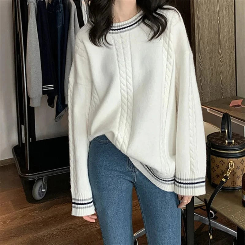 Plus Size / White 2023 autumn new high-quality fashion women's casual crew-neck long sleeve plus size sweater