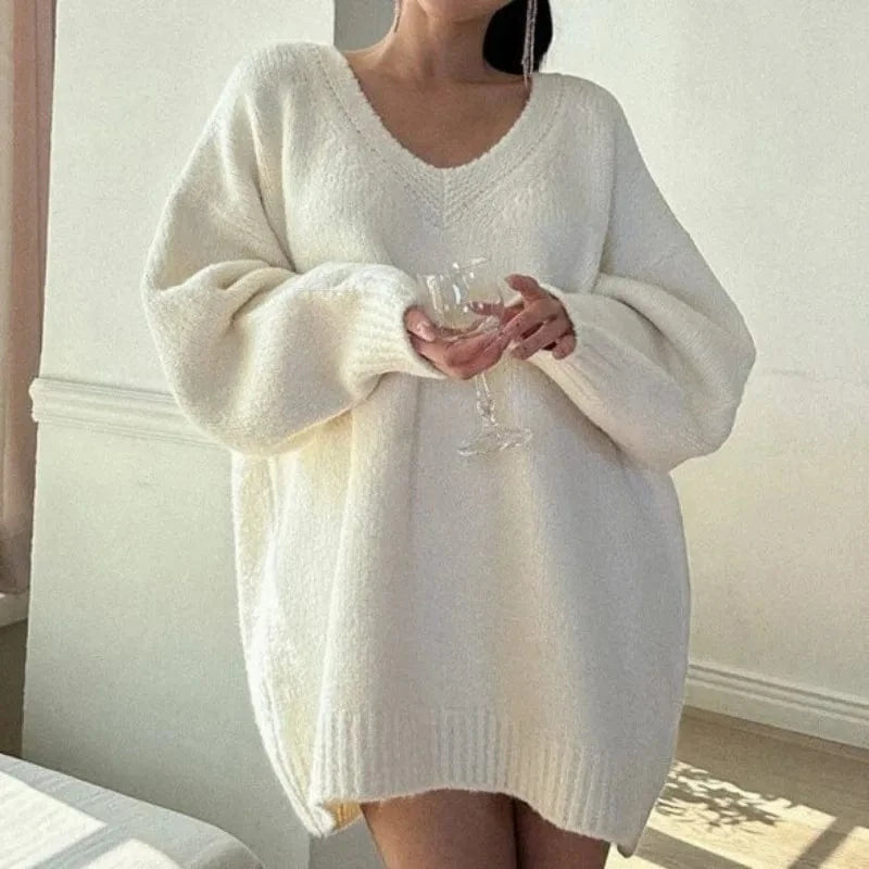 Plus Size / White 2024 New arrival high-quality fashion women's V-neck long sleeve loose plain sexy knit pullover sweater