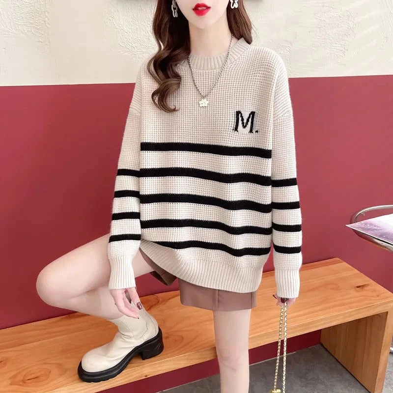 Plus Size / White 2024 New arrival spring and autumn high-quality fashion women's cheap crew neck striped loose knit boutique pullover sweater