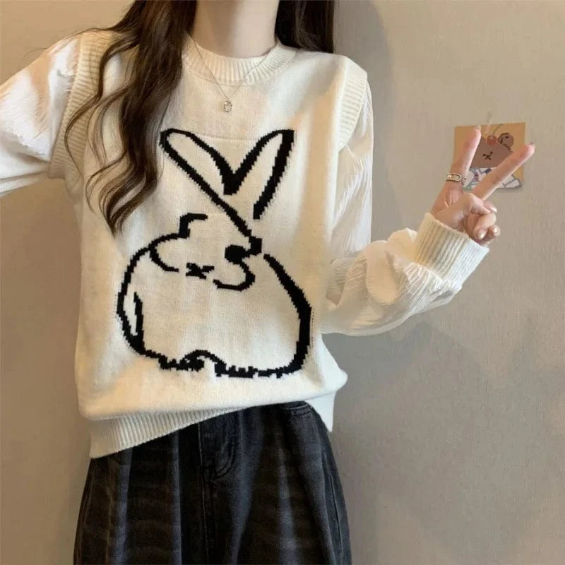 Plus Size / White 2024 Spring and autumn high-quality best-selling crewneck long sleeve loose solid color rabbit jacquard knitted pullover sweater