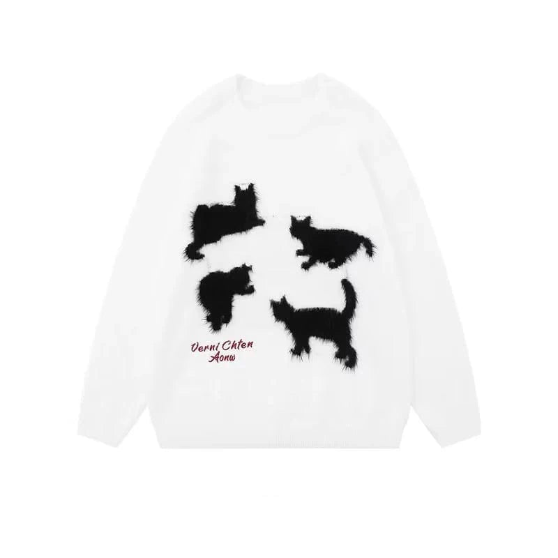 Plus Size / White 2024 Spring women fashionable crew neck long sleeve cartoon cat animal jacquard mohair sweater jumper