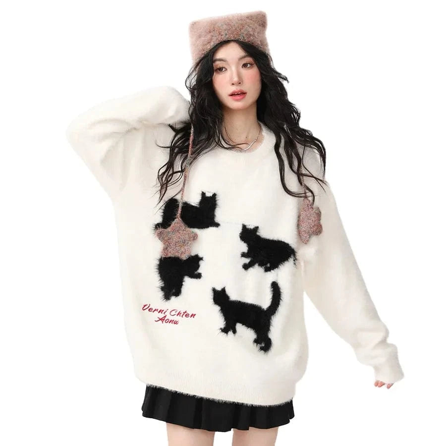 Plus Size / White 2024 Spring women fashionable crew neck long sleeve cartoon cat animal jacquard mohair sweater jumper