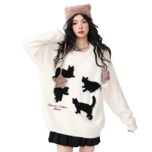 Plus Size / White 2024 Spring women fashionable crew neck long sleeve cartoon cat animal jacquard mohair sweater jumper