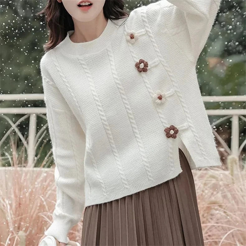 Plus size / White 2025 Spring new arrival fashion lady crew neck long sleeve flower decorative high quality jumper