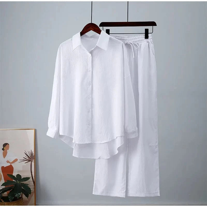 plus size women clothing ladies loose stretch crease long sleeve shirt wide leg pants casual two piece women's shirts sets