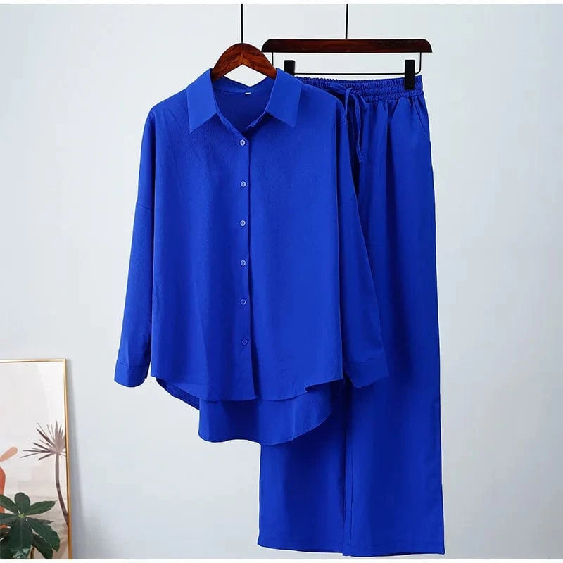 plus size women clothing ladies loose stretch crease long sleeve shirt wide leg pants casual two piece women's shirts sets