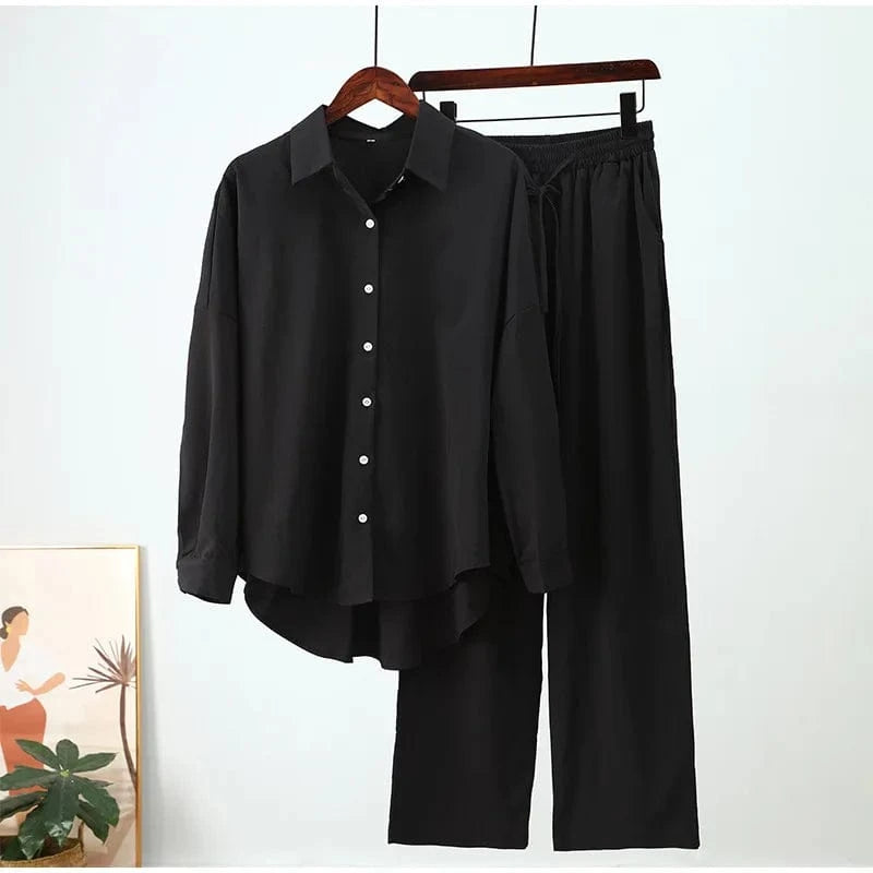 plus size women clothing ladies loose stretch crease long sleeve shirt wide leg pants casual two piece women's shirts sets