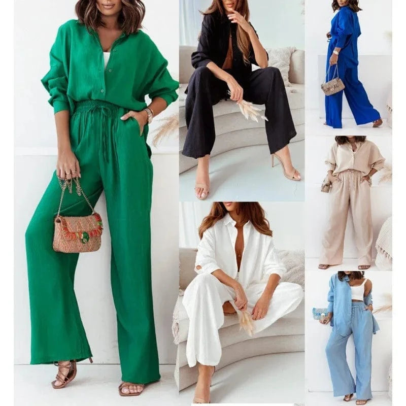 plus size women clothing ladies loose stretch crease long sleeve shirt wide leg pants casual two piece women's shirts sets