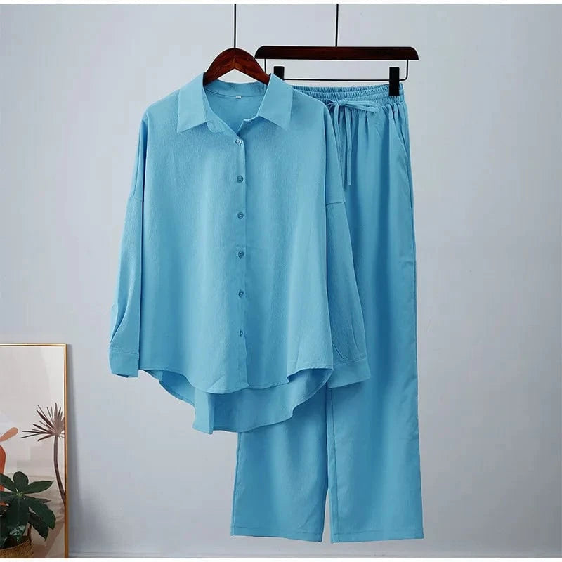 plus size women clothing ladies loose stretch crease long sleeve shirt wide leg pants casual two piece women's shirts sets