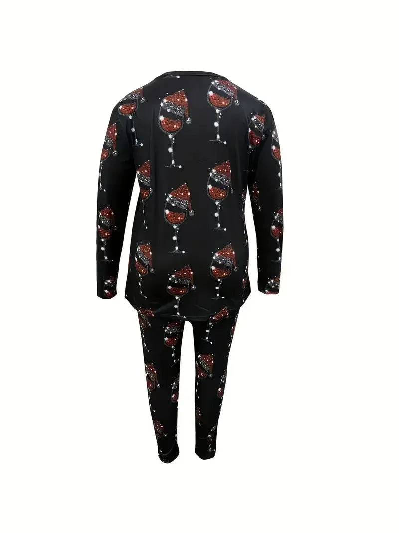 Plus Size Women's Casual Suit, Fashionable Tall Wine Glass Print Two-Piece Set