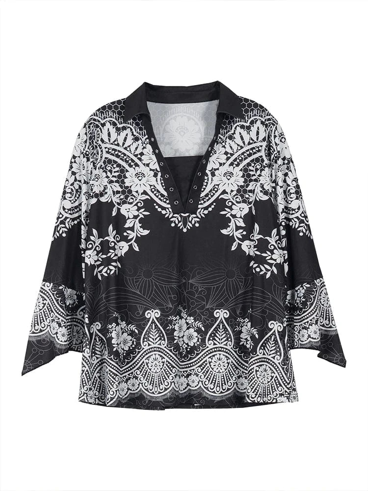 Plus Size Women's Flower Print Irregular Cuff T-Shirt Spring and Autumn Casual Quarter Sleeve Tops Women's