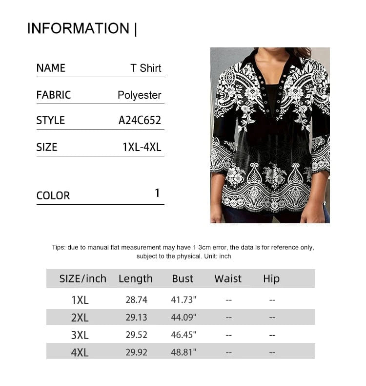 Plus Size Women's Flower Print Irregular Cuff T-Shirt Spring and Autumn Casual Quarter Sleeve Tops Women's