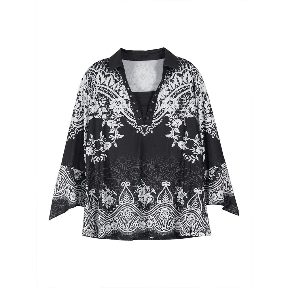 Plus Size Women's Flower Print Irregular Cuff T-Shirt Spring and Autumn Casual Quarter Sleeve Tops Women's