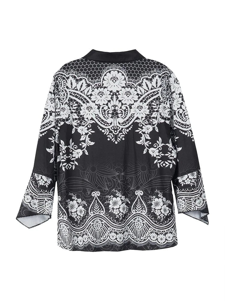 Plus Size Women's Flower Print Irregular Cuff T-Shirt Spring and Autumn Casual Quarter Sleeve Tops Women's