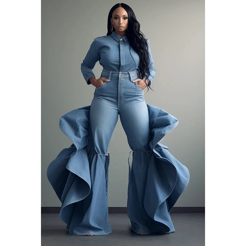 Plus Size Women's New Daily Casual Blue Pink Spring and Autumn Solid Color Casual Button Long Sleeve Denim Blouse