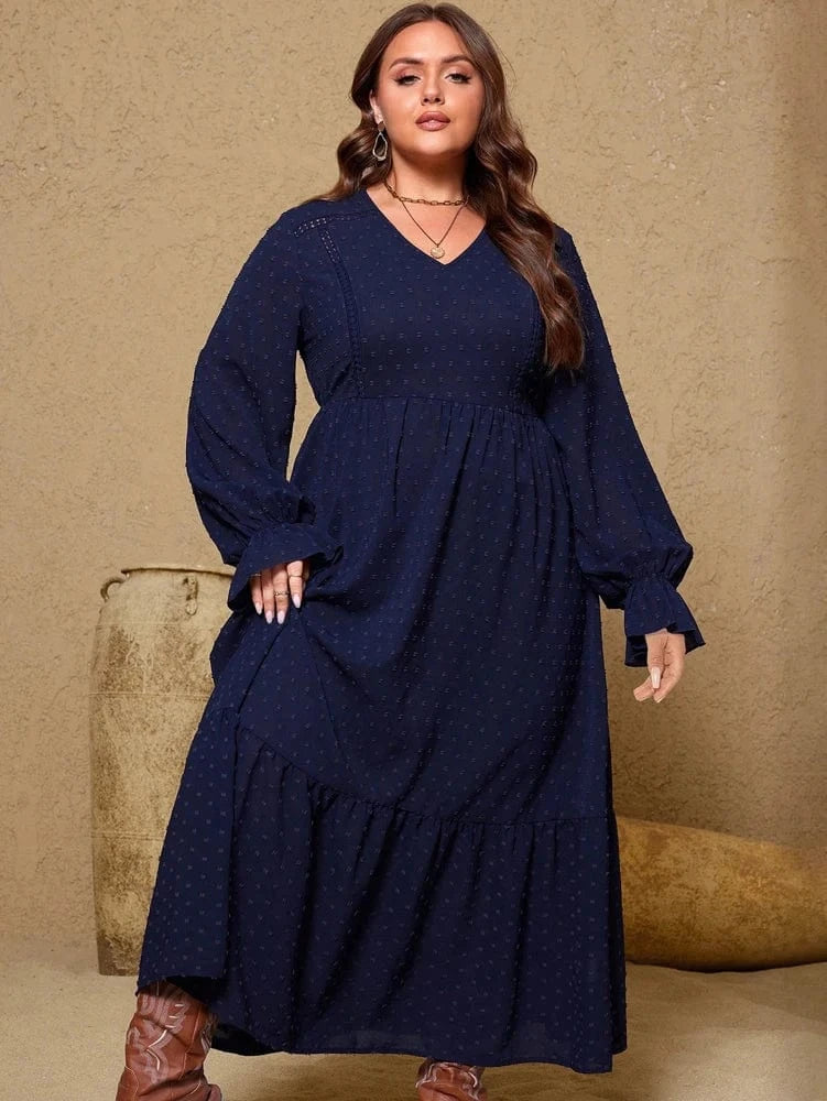 plus Size Women's Pullover V-Neck Long Sleeve Dress Autumn 2025 Printed Loose Casual Fashion Best Choice for Autumn