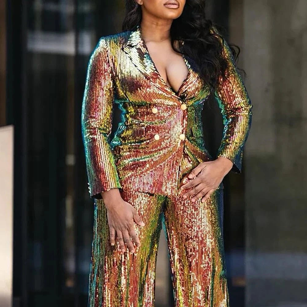 Plus Size Women's Semi Formal Sets Gold Sequin Long Sleeve Lapel Wide Leg Two Piece Pant Set 2025