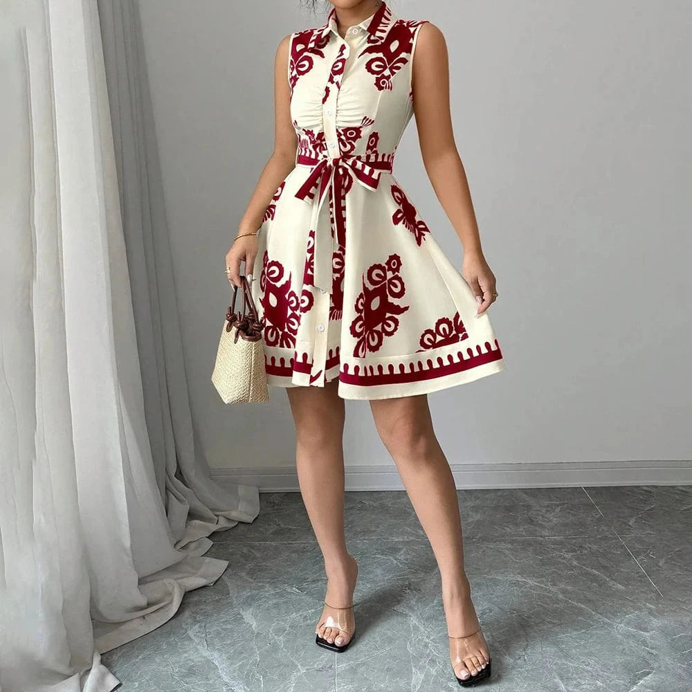Plus Size Womens Printed Sleeveless Buttons A-Line Shirts Dress Summer Ladies Turn Down Collar Casual Holiday Sundress SizeS-2XL