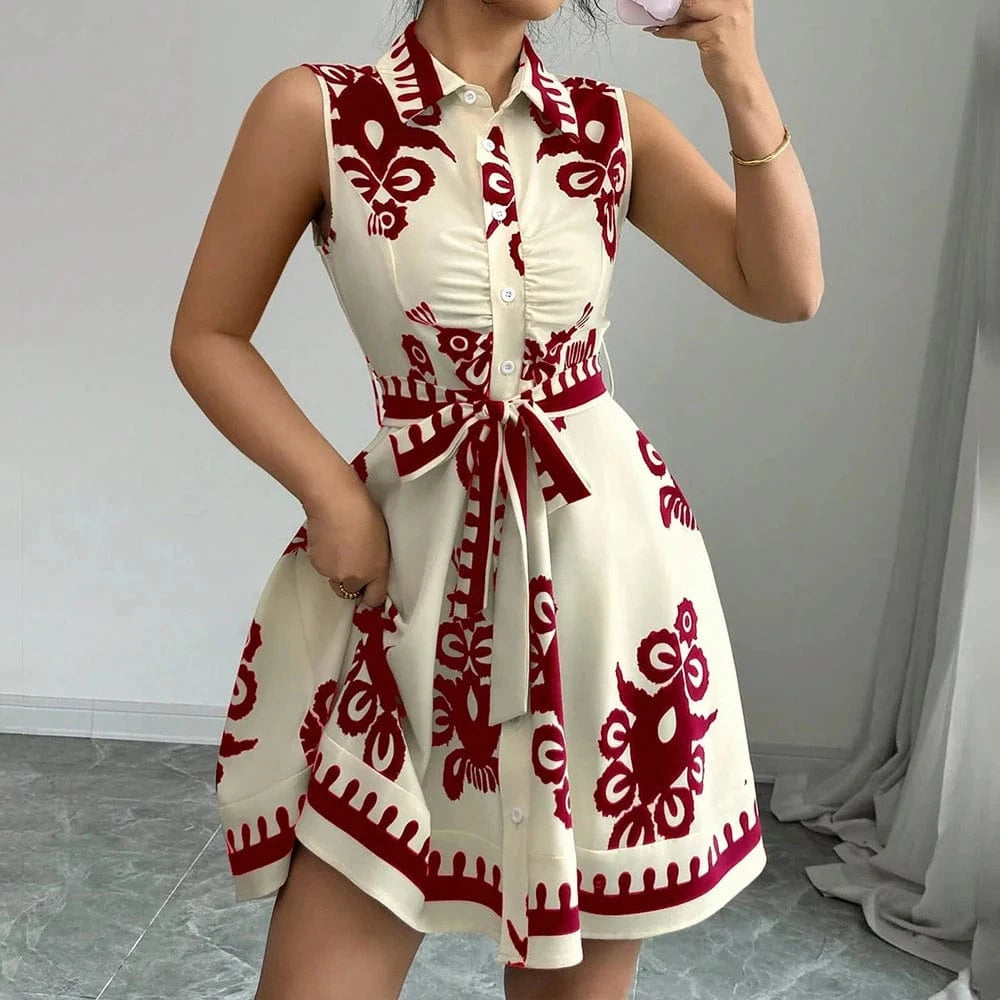 Plus Size Womens Printed Sleeveless Buttons A-Line Shirts Dress Summer Ladies Turn Down Collar Casual Holiday Sundress SizeS-2XL