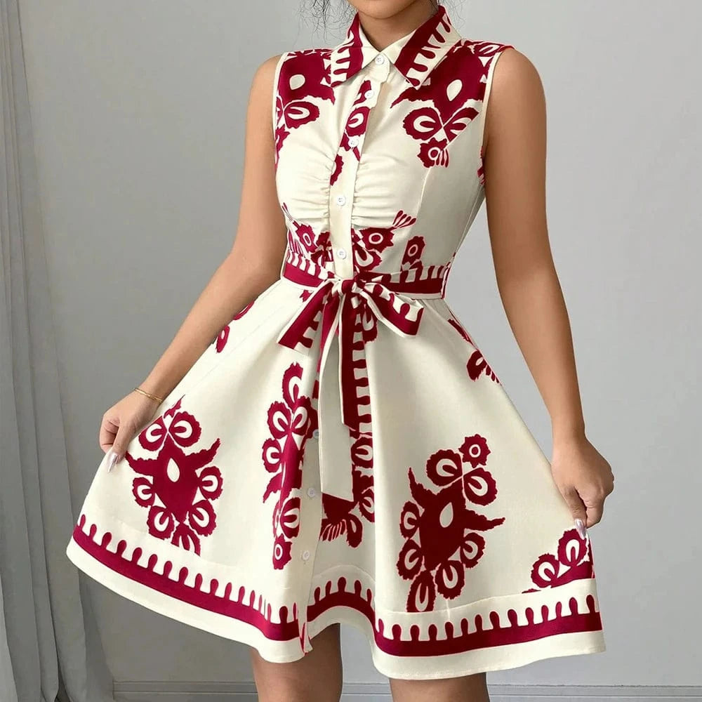 Plus Size Womens Printed Sleeveless Buttons A-Line Shirts Dress Summer Ladies Turn Down Collar Casual Holiday Sundress SizeS-2XL