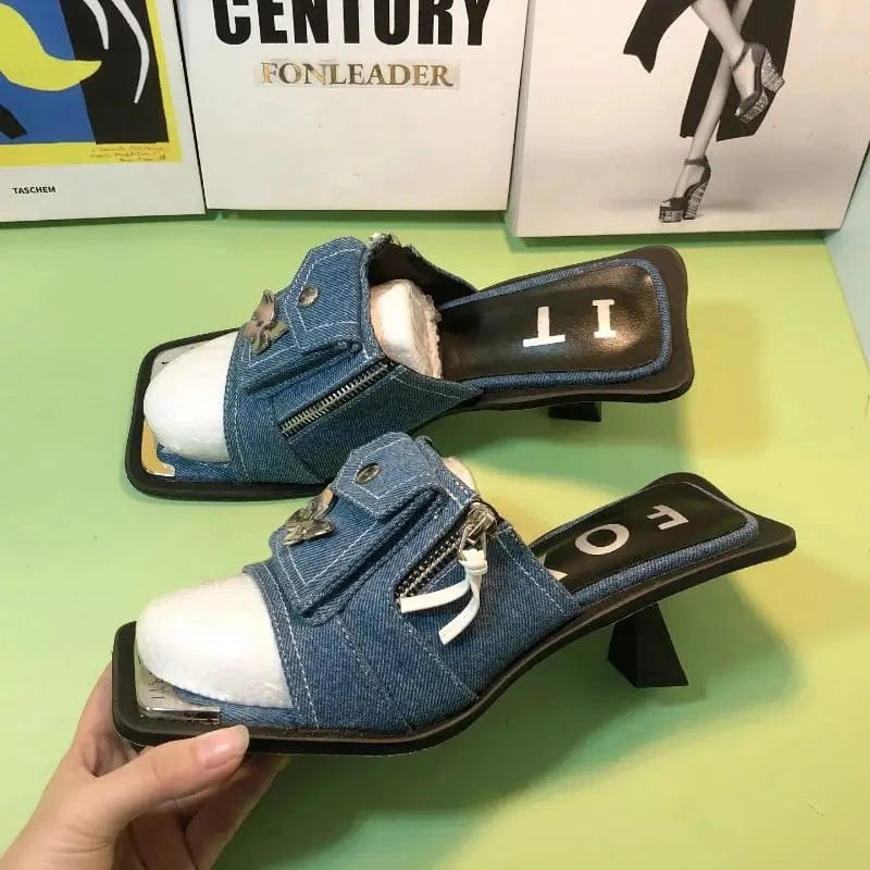 Pocket Decorated Sandalias Femeninas Casual Square Toe Sandals Women Jeans Denim Heels