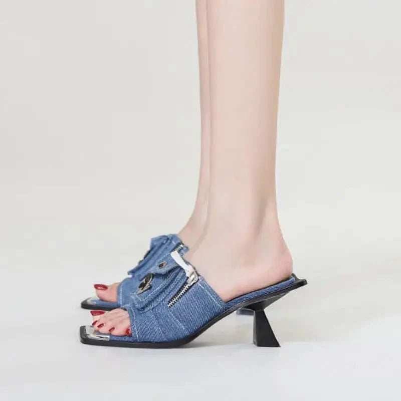Pocket Decorated Sandalias Femeninas Casual Square Toe Sandals Women Jeans Denim Heels