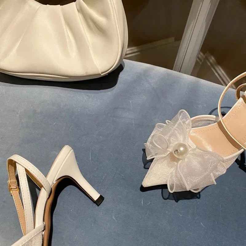 Pointed Thin-heeled Mesh Mesh Single-shoe Wedding Shoes Fairy Wind High-heeled Back Empty Bow Sandals