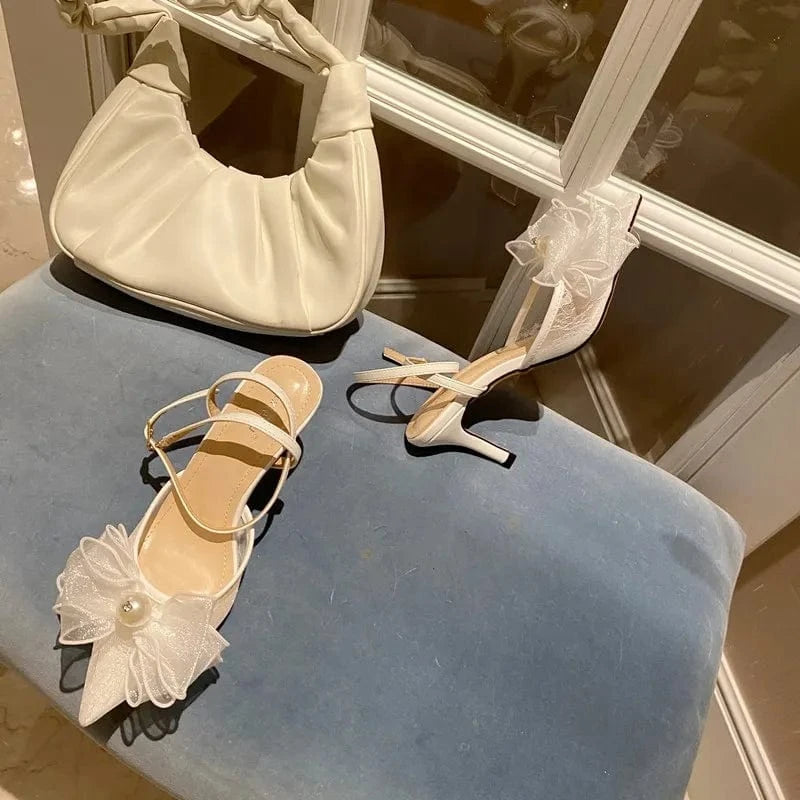 Pointed Thin-heeled Mesh Mesh Single-shoe Wedding Shoes Fairy Wind High-heeled Back Empty Bow Sandals