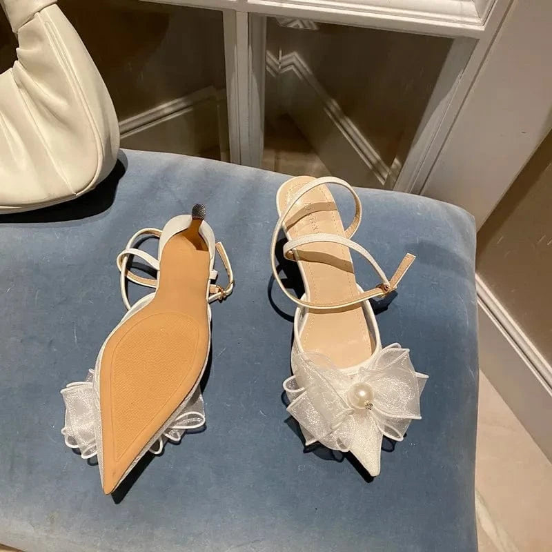 Pointed Thin-heeled Mesh Mesh Single-shoe Wedding Shoes Fairy Wind High-heeled Back Empty Bow Sandals