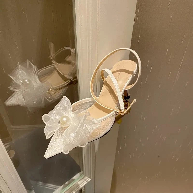 Pointed Thin-heeled Mesh Mesh Single-shoe Wedding Shoes Fairy Wind High-heeled Back Empty Bow Sandals