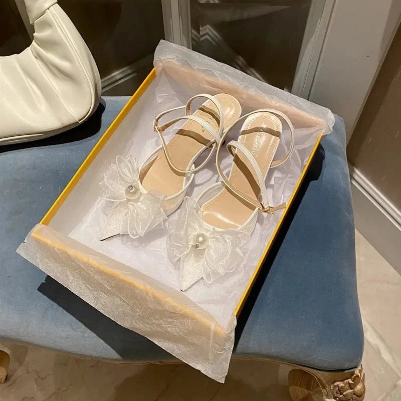 Pointed Thin-heeled Mesh Mesh Single-shoe Wedding Shoes Fairy Wind High-heeled Back Empty Bow Sandals