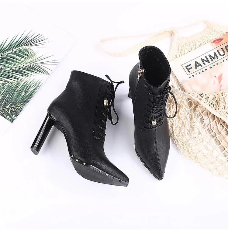 Pointed-toe high-heeled shoes thick-heeled short boots women's 2023 autumn and winter new rivet lace-up all-match Martin boots