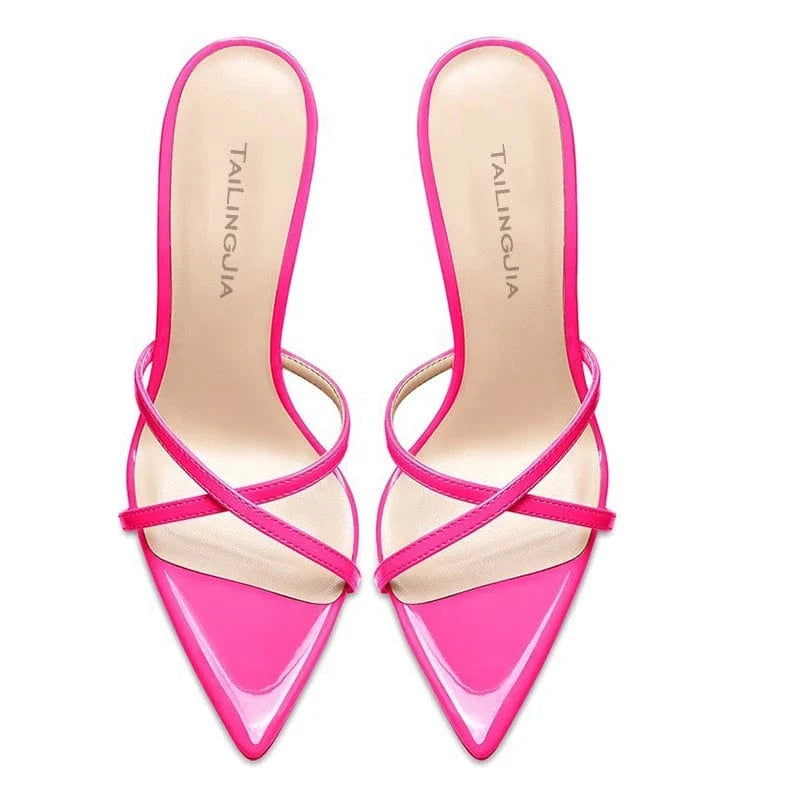 Pointed toe Stiletto High Heels Strappy Mules Large Size Heeled Sandals for Women