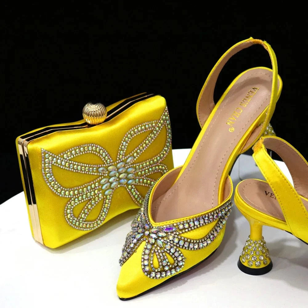 Pointed women's rhinestone sandals paired with the same square box bag shoe bag combination set women's shoes and bag set