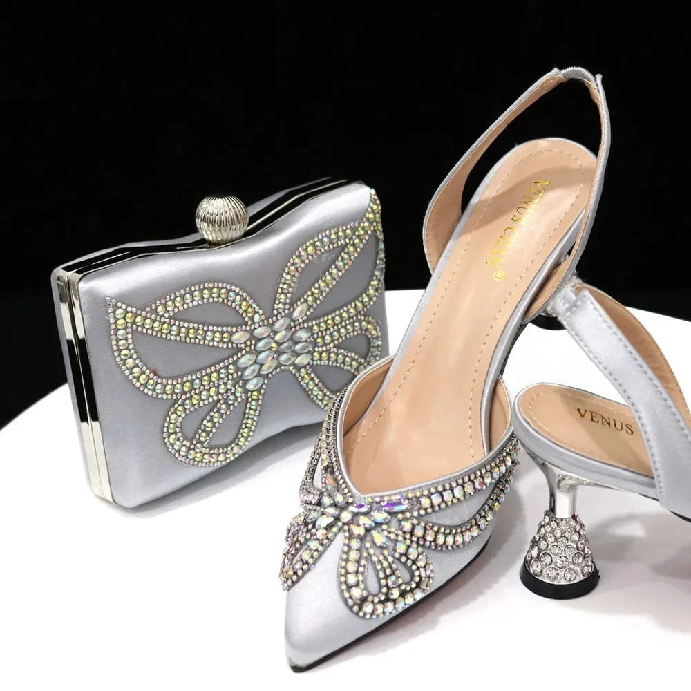 Pointed women's rhinestone sandals paired with the same square box bag shoe bag combination set women's shoes and bag set