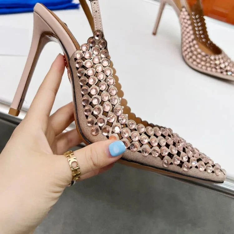 Pointy Toe Buckle Strap Diamonds Pumps Shoes openwork thin designer sandals for women