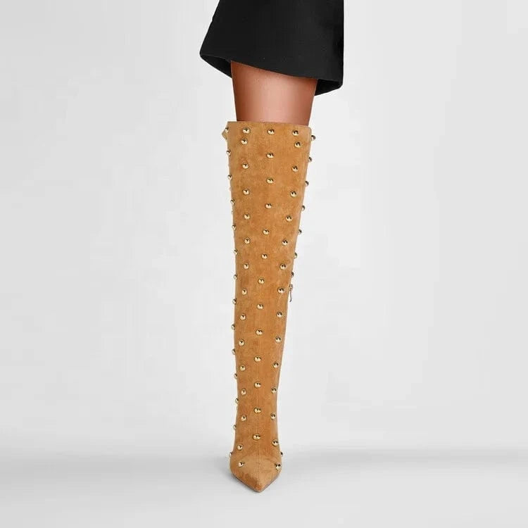 Pointy Toe Over Knee Boots camel suede Solid High Stiletto Heel Sock Boots Women Sexy Wrinkle Thigh High Boots