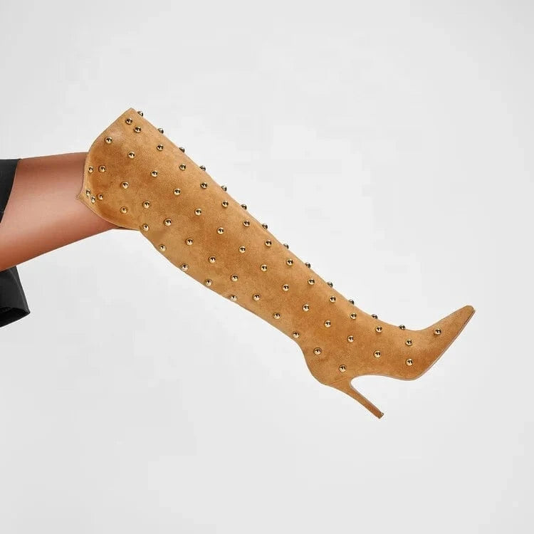 Pointy Toe Over Knee Boots camel suede Solid High Stiletto Heel Sock Boots Women Sexy Wrinkle Thigh High Boots