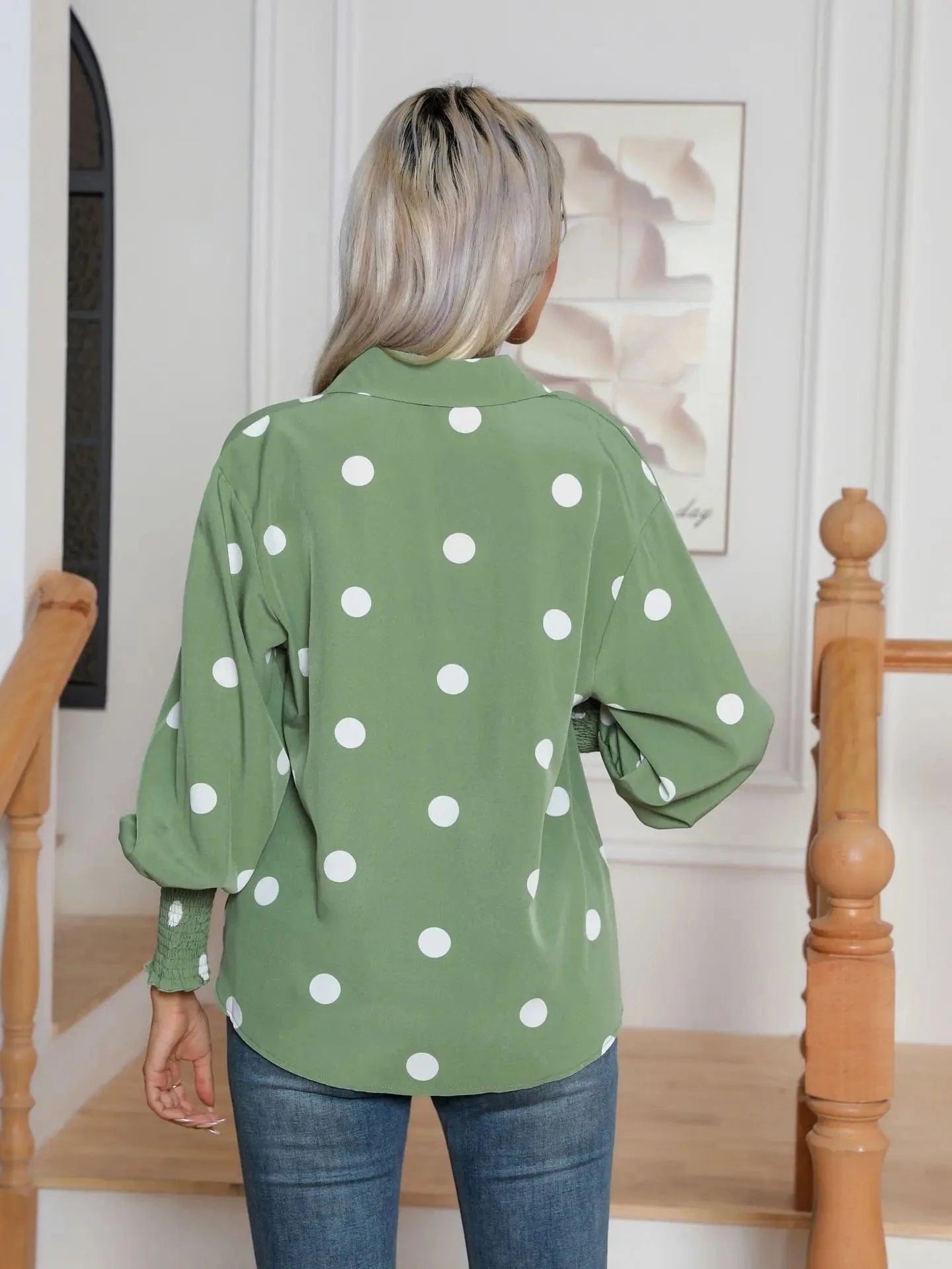 Polka dot Printed Lantern sleeve shirt Women's Long sleeve shirt New European and American  cross-border Women's clothing